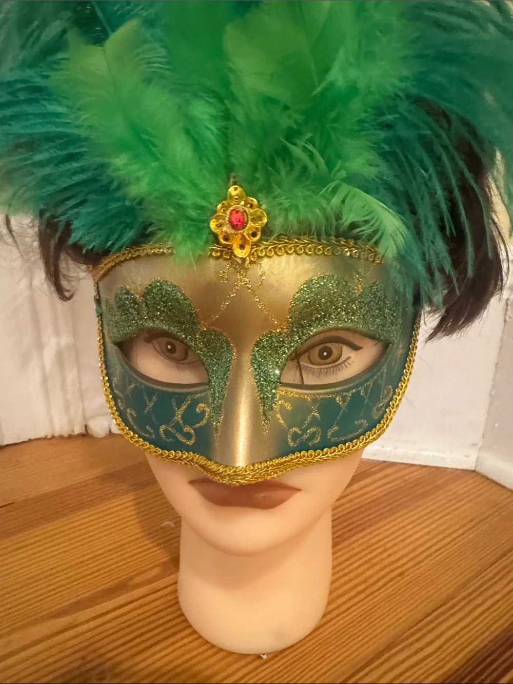 Mardi Gras green gold feather mask